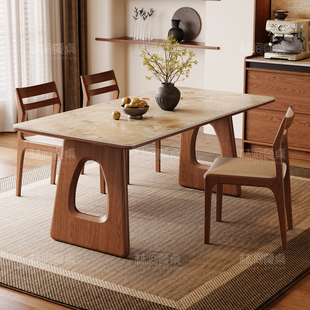 中古风洞石岩板餐桌家用小户型2025新款 复古长方形实木饭桌 法式