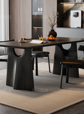 意式极简岩板餐桌长方形小户型家用现代简约法式复古侘寂风实木桌