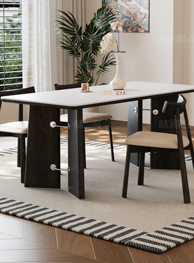 岩板实木餐桌长方形现代简约设计师新款纯白哑光家用小户型餐桌