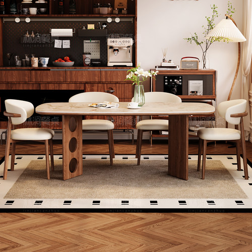 中古风实木洞石长方餐桌小户型