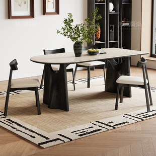 洞石岩板餐桌家用高端小户型长方形半圆靠墙飞鸦法式实木岩板餐桌