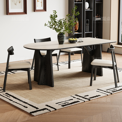 洞石岩板餐桌家用高端小户型长方形半圆靠墙飞鸦法式实木岩板餐桌