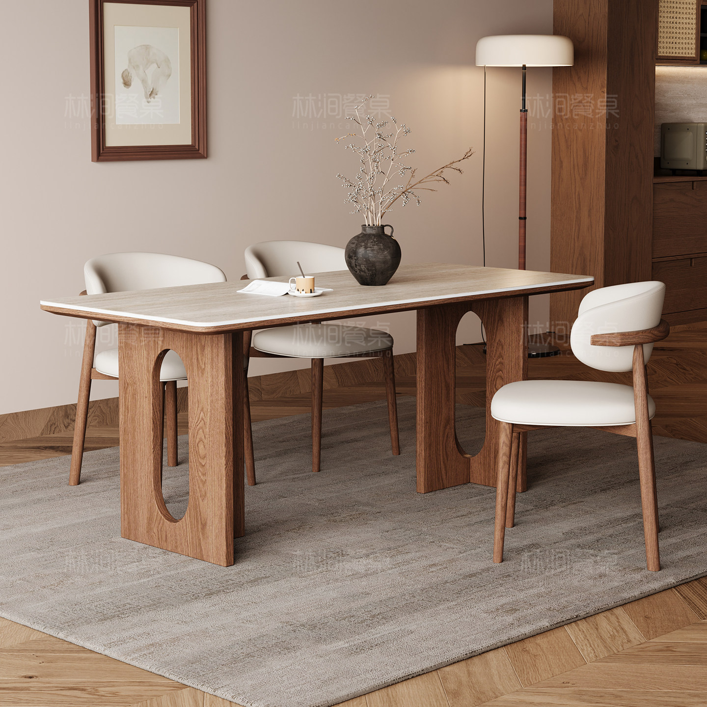 洞石岩板实木餐桌家用现代简约设计师款白蜡木长方形餐桌2025新款,住宅家具,岩板餐桌,淘宝优惠券,粉丝福利购,淘宝优惠卷