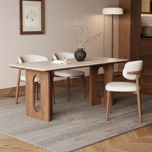 洞石岩板实木餐桌家用现代简约设计师款白蜡木长方形餐桌2025新款