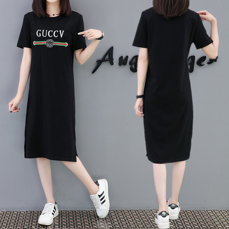 夏季新款韩版修身显瘦简?#22841;?#38386;中长款短袖T恤女开叉过膝连衣裙女