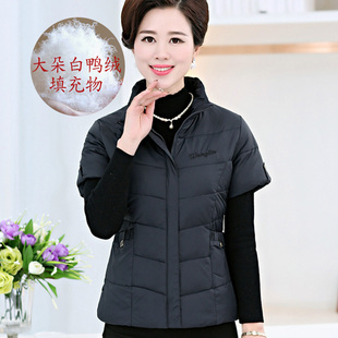 中老年羽绒马甲短袖女外穿背心带袖鸭绒外套妈妈冬装半袖护坎肩