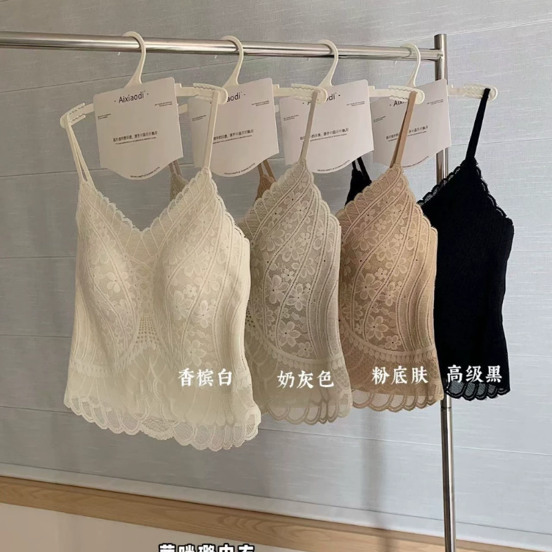 茜咪璐法式蕾丝镂空美背吊带背心女外穿内搭带胸垫文胸一体式内衣