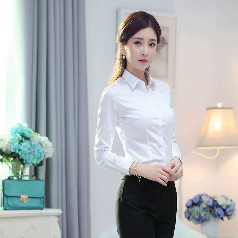 春秋纯棉衬衫女长袖气质职业正装方领衬衣修身百搭上衣收腰防走光
