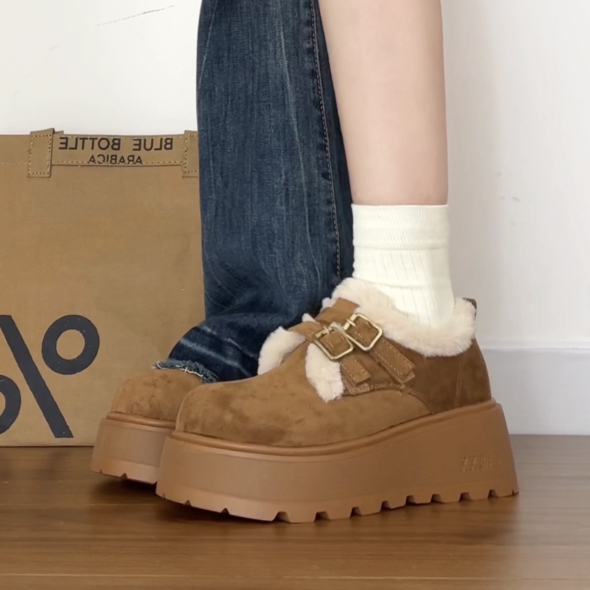 喜番SHOP加绒保暖棉鞋女冬厚底增高勃肯鞋软底毛口雪地靴小个子