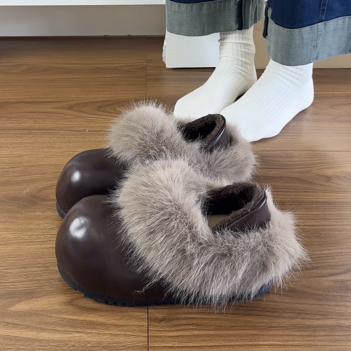 喜番SHOP复古真兔毛棉鞋女加绒保暖勃肯鞋皮面内增高厚底大头鞋