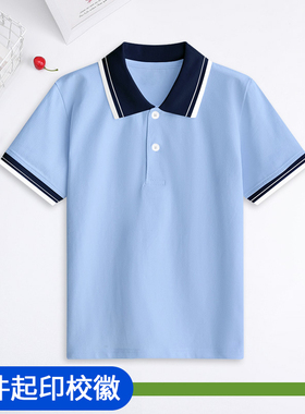 40浅蓝色校服纯棉男童T恤短袖polo衫初中小学生半袖班服夏装定徽