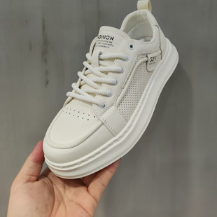 2025夏季新款时尚百搭休闲鞋男平底系带透气皮面小白鞋舒适软底韩