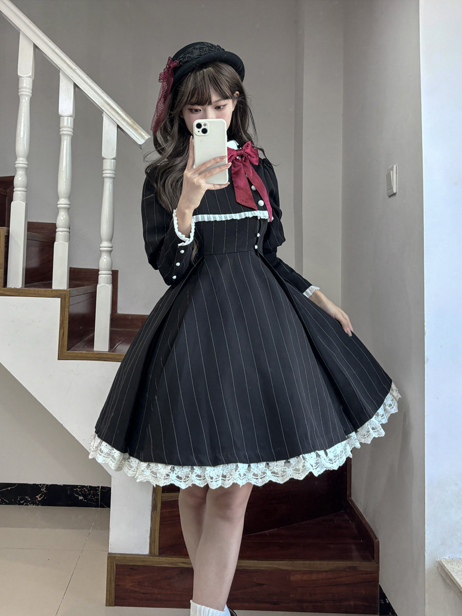 【意向金】新品洛丽塔海军风lolita条纹不规则水手服羊腿袖连衣裙