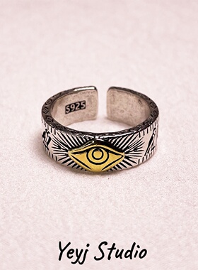 复古小众荷鲁斯之眼戒指男生高级设计感情侣百搭开口戒嘻哈指环潮