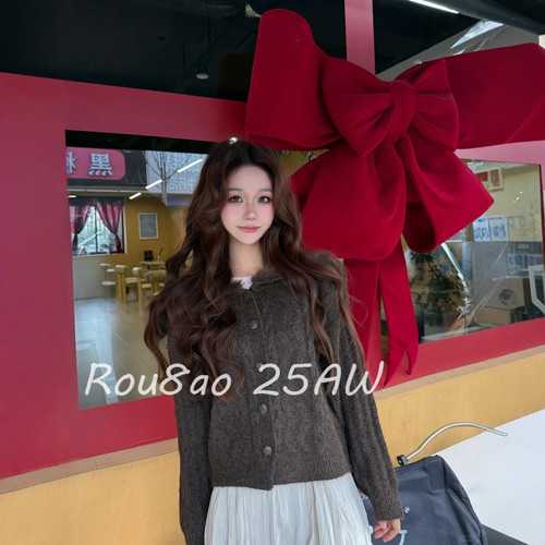 Rou8ao微胖大码女装慵懒风翻领麻花毛衣开衫女设计感宽松外套上衣