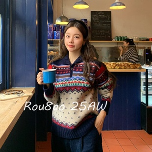 Rou8ao微胖大码女装韩式时尚潮流小众设计感撞色提花毛衣宽松上衣