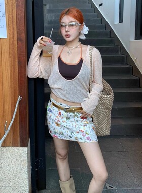 大码女装胖MM秋季纯欲辣妹挂脖吊带罩衫两件套遮肉巨显瘦拼色上衣