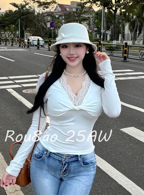 Rou8ao微胖大码女装白色扭结蕾丝长袖T恤早春性感气质收腰打底衫