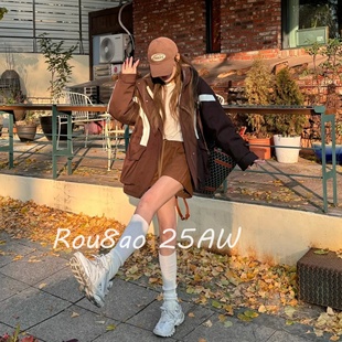 棉服连帽宽松显瘦冲锋衣棉衣外套 加厚保暖时尚 Rou8ao微胖大码 女装