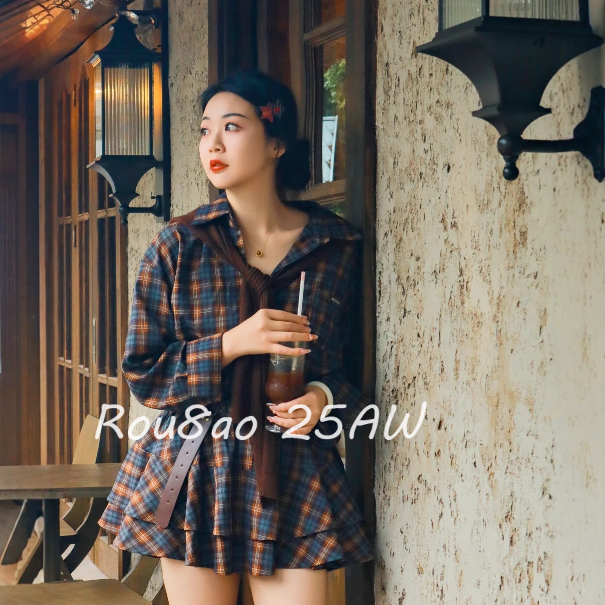 复古格子衬衫连衣裙+披肩套装