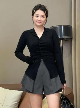 大码女装黑色v领掐腰长袖内搭针织衫2025秋季胖mm打底巨显瘦上衣