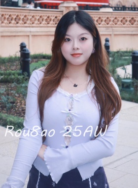 Rou8ao微胖大码女装蕾丝花边假两件上衣女早春紫色长袖针织打底衫