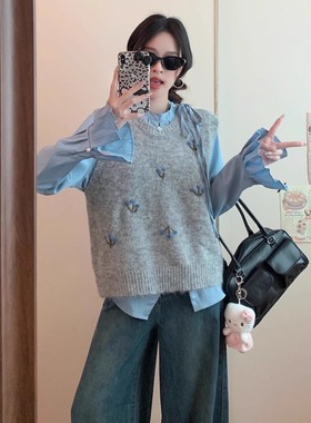 大码女装蓝色格调秋季蓝色长袖绑带设计衬衫女叠穿针织马甲背心