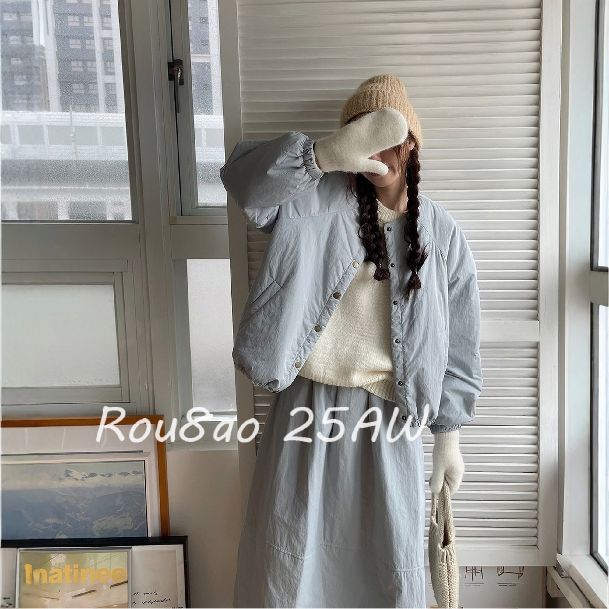 韩系棉服外套+高腰半身裙两件套