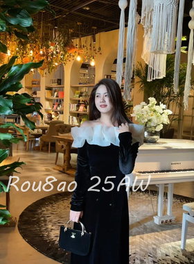 Rou8ao微胖大码女装法式高级感年会气质拼接丝绒纯欲一字肩连衣裙