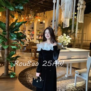 Rou8ao微胖大码女装法式高级感年会气质拼接丝绒纯欲一字肩连衣裙
