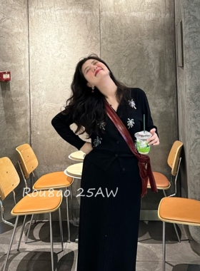 Rou8ao微胖大码女装秋季韩系高级感刺绣亮片开衫高腰半身裙两件套