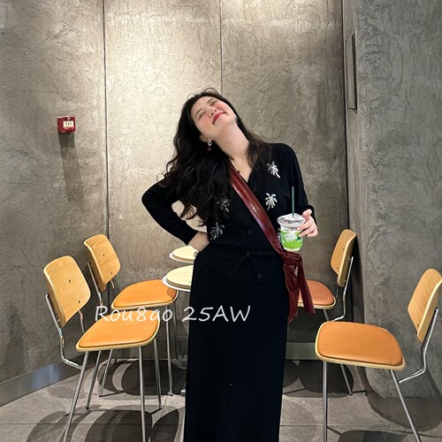 微胖女装法式秋季亮片开衫半身裙