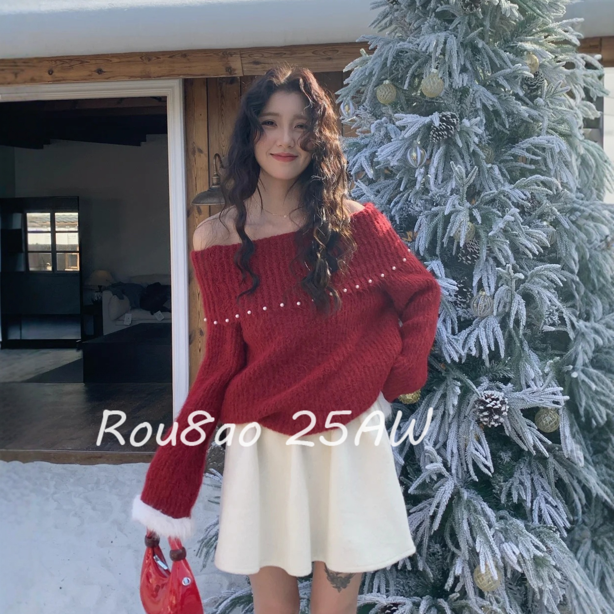 Rou8ao微胖大码女装韩式慵懒风红色一字肩毛衣女秋冬高级感针织衫