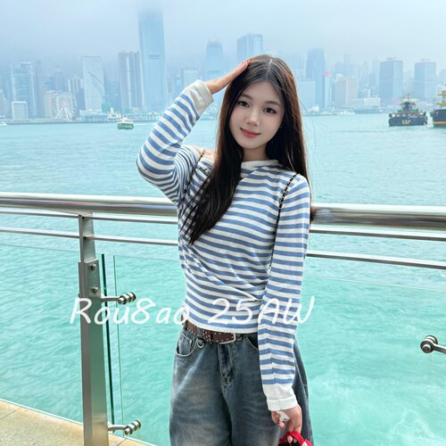 Rou8ao微胖大码女装斜领露肩条纹长袖T恤胖mm宽松显瘦别致打底衫