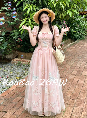 Rou8ao微胖大码女装法式甜美风泡泡袖方领连衣裙2026夏季时尚长裙