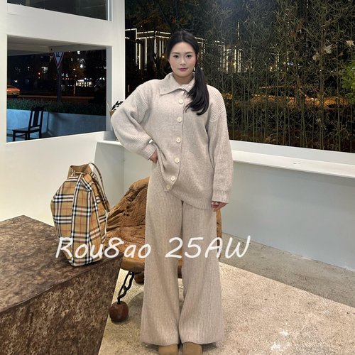 Rou8ao微胖大码女装韩系高级感宽松显瘦休闲裤加厚针织毛衣两件套