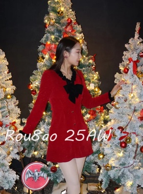 Rou8ao微胖大码女装韩版气质收腰显瘦红色小香风设计感长袖连衣裙