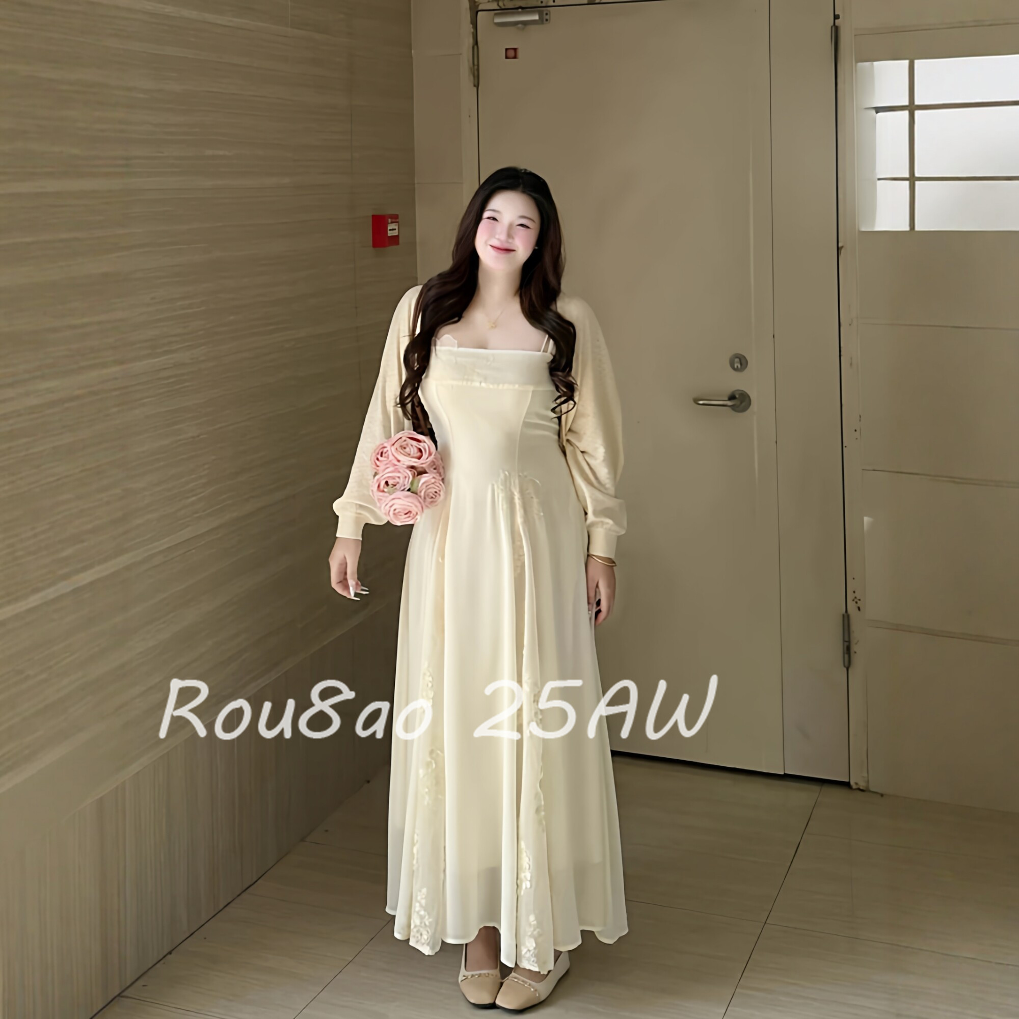 Rou8ao微胖大码女装温柔风开衫吊带连衣裙两件套2026春夏仙女长裙