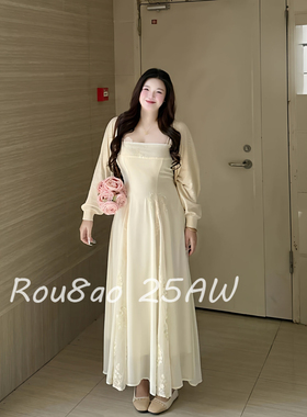 Rou8ao微胖大码女装温柔风开衫吊带连衣裙两件套2026春夏仙女长裙