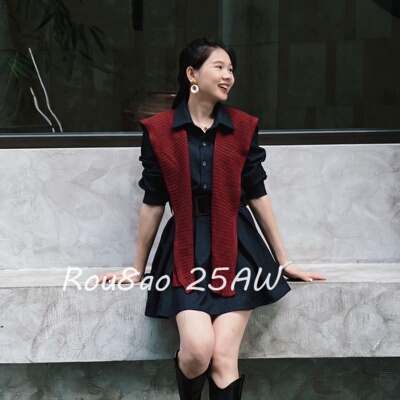 Rou8ao微胖大码女装法式复古长袖衬衫连衣裙POLO领收腰百褶短裙