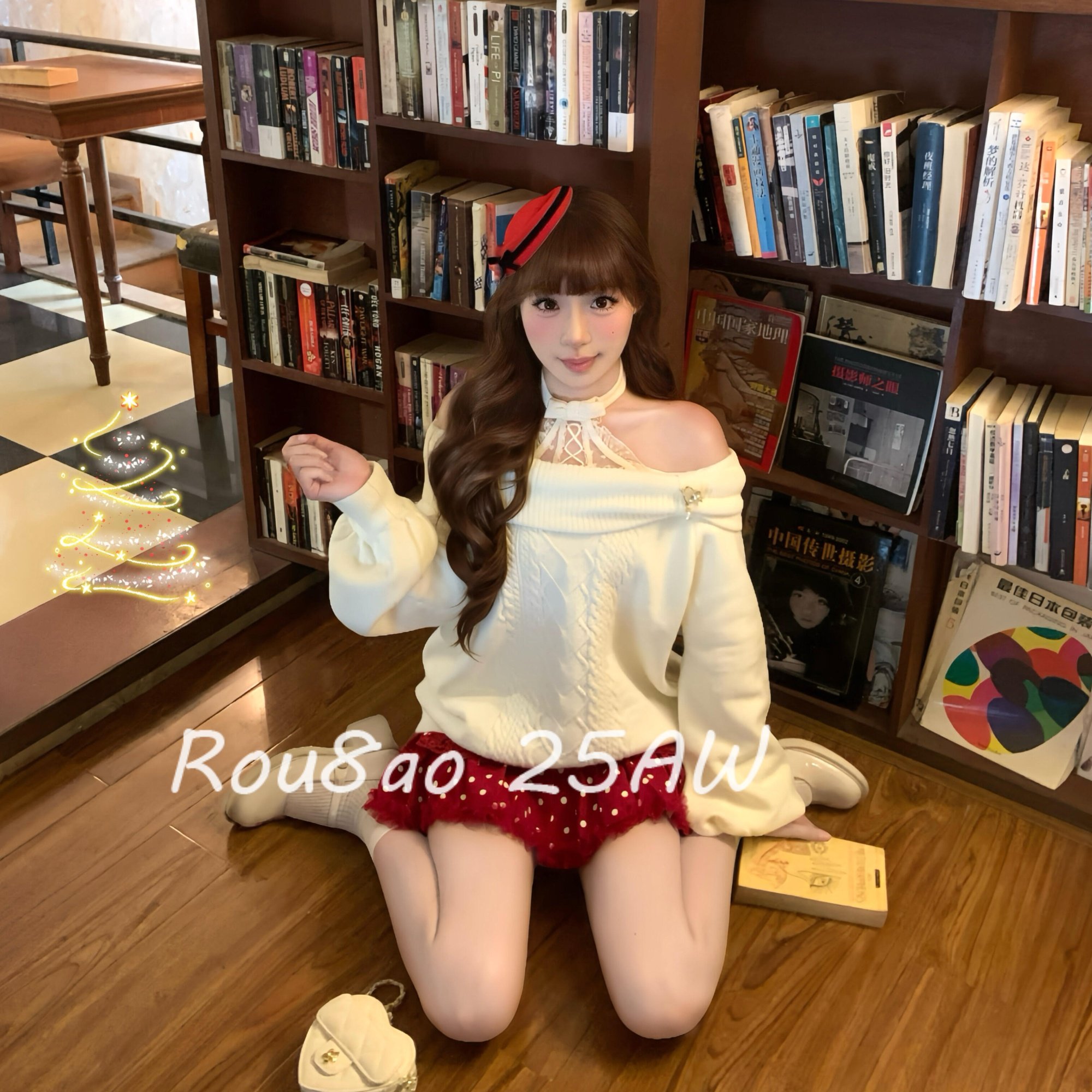 Rou8ao微胖大码女装一字肩纯欲蝴蝶结毛衣露肩针织内搭针织衫上衣