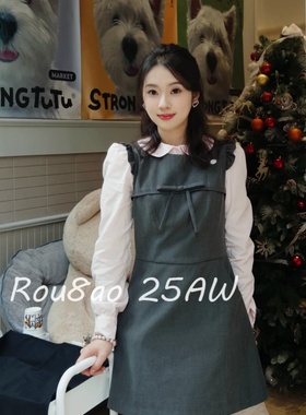 Rou8ao微胖大码女装甜美可爱假两件连衣裙修身娃娃领拼色A字裙