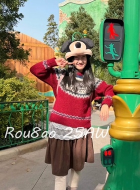 Rou8ao微胖大码女装复古撞色费尔岛圣诞夜圆领毛衣红色菱格针织衫