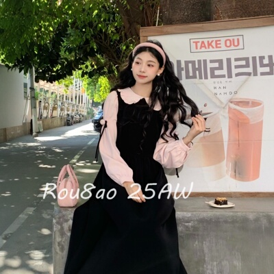 Rou8ao微胖大码女装韩版学院风撞色假两件连衣裙胖MM娃娃领减龄裙