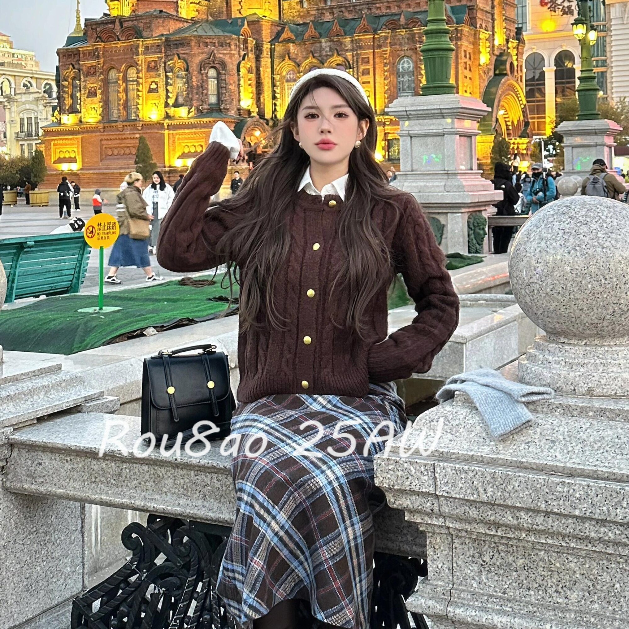 Rou8ao微胖大码女装美式学院风衬衫针织外套直筒格子半身裙两件套