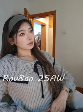 Rou8ao微胖大码女装灰色娃娃领正肩针织衫毛衣胖mm慵懒风减龄上衣