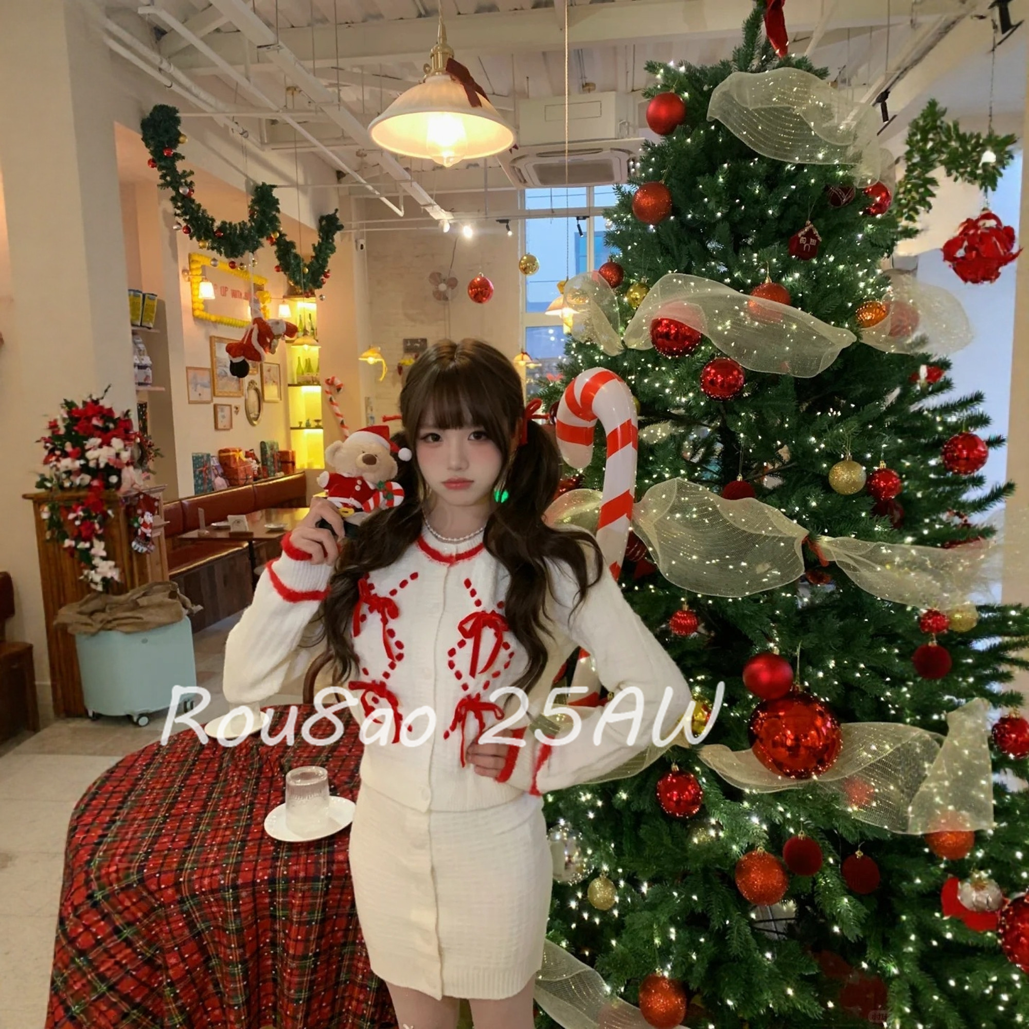 Rou8ao微胖大码女装韩版蝴蝶结针织开衫半身裙两件套秋冬复古套装,女装/女士精品,大码套装,淘宝优惠券,粉丝福利购,淘宝优惠卷