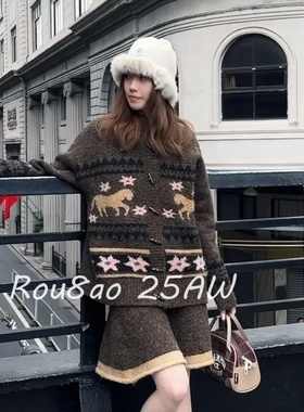 Rou8ao微胖大码女装费尔岛复古毛衣开衫秋冬慵懒风针织连衣裙套装