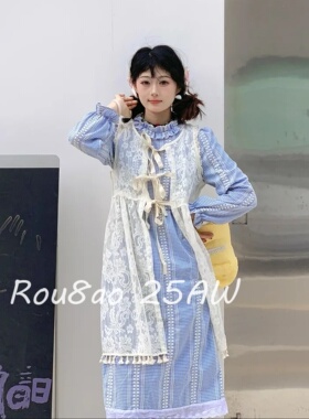 Rou8ao微胖大码女装学院风甜美蕾丝连衣裙微胖mm显瘦格子长裙套装