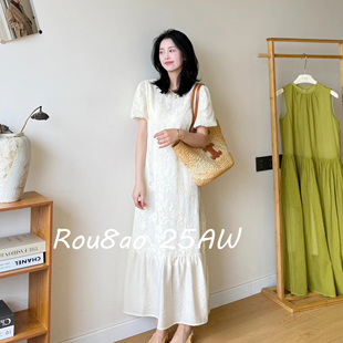 温柔风法式 连衣裙2026夏白月光刺绣提花连衣裙 女装 Rou8ao微胖大码